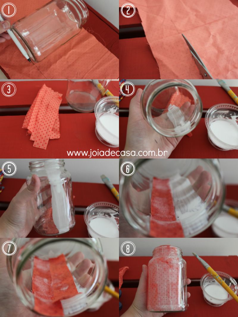 decoração de pote de vidro com tecido